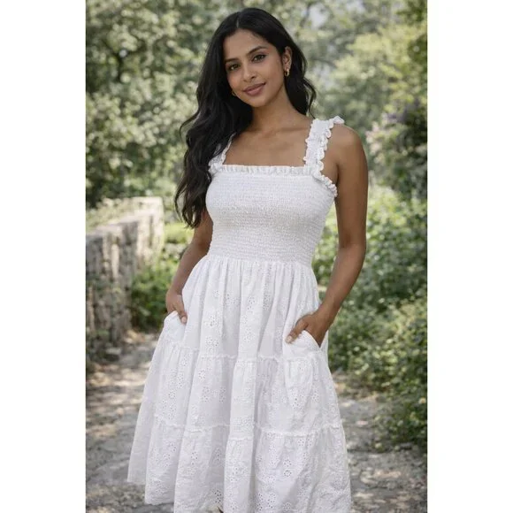 Quince Organic Cotton Eyelet Smocked Midi Dress White Cottagecore Summer L - Picture 1 of 7